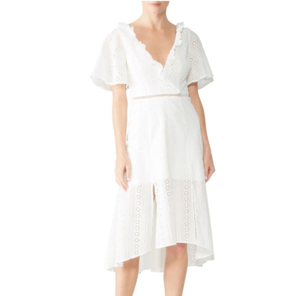 Finders Keepers Sundays Dress White‎ Eyelet Open Back Ruffle Hem High Low Size 6